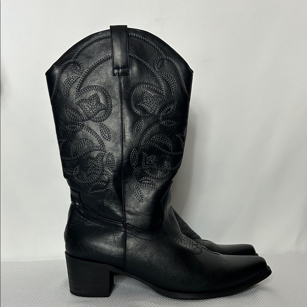 ILV Black Western Cowboy Leather Boots Women’s Size 9.5 Heeled Floral Design